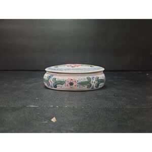 Chinoiserie Trinket Jewelry Box W Lid Oval  Blue White Floral Lotus Vintage